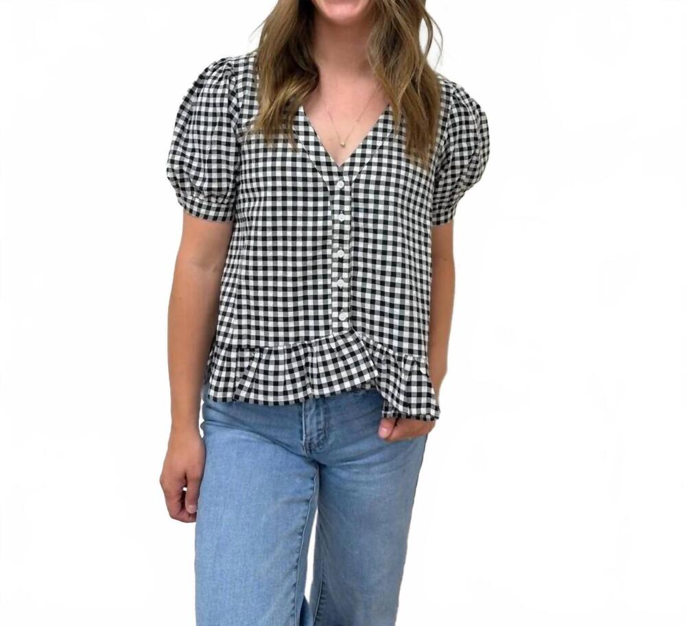NEW VINE & LOVE puff short sleeve v-neck gingham blouse in black